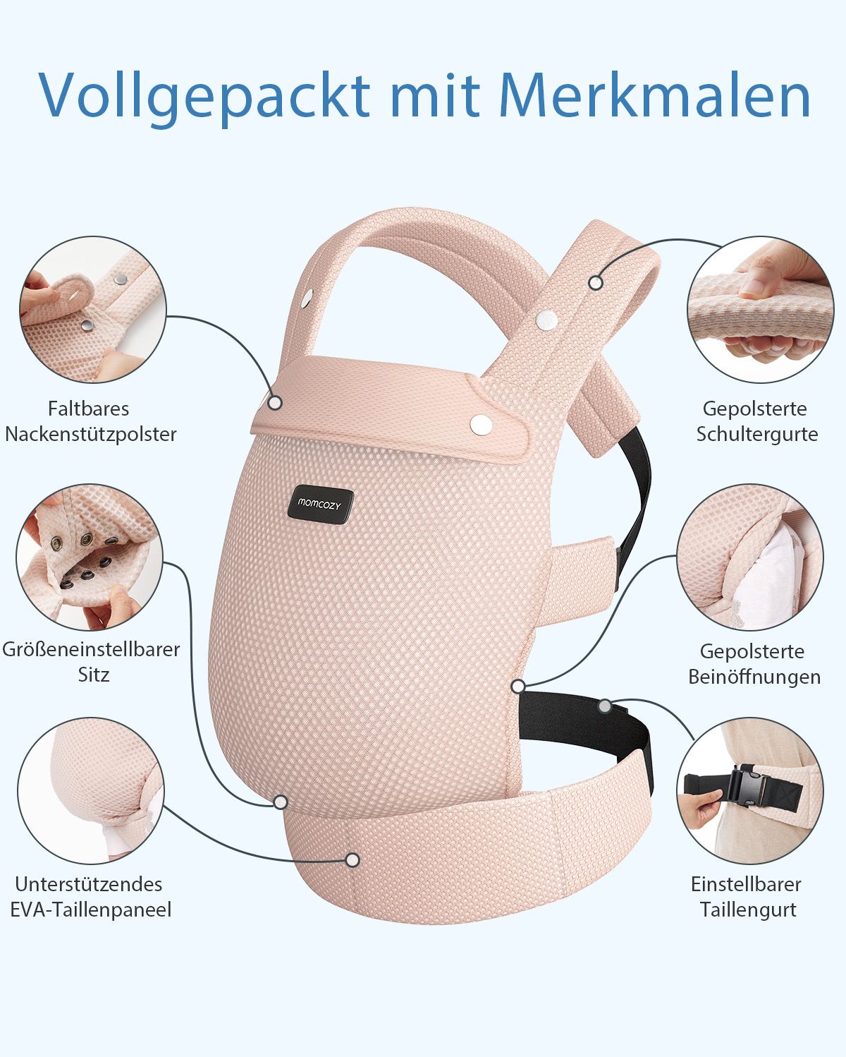 Pink Momcozy PureHug baby carrier, featuring adjustable waist, padded straps, and foldable neck support for babywearing.