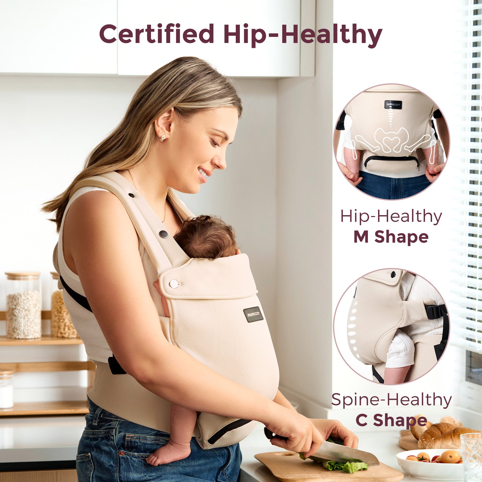 Momcozy baby carrier, beige color, supporting baby's hip and spine health, ergonomic M and C shapes, Certified Hip-Healthy