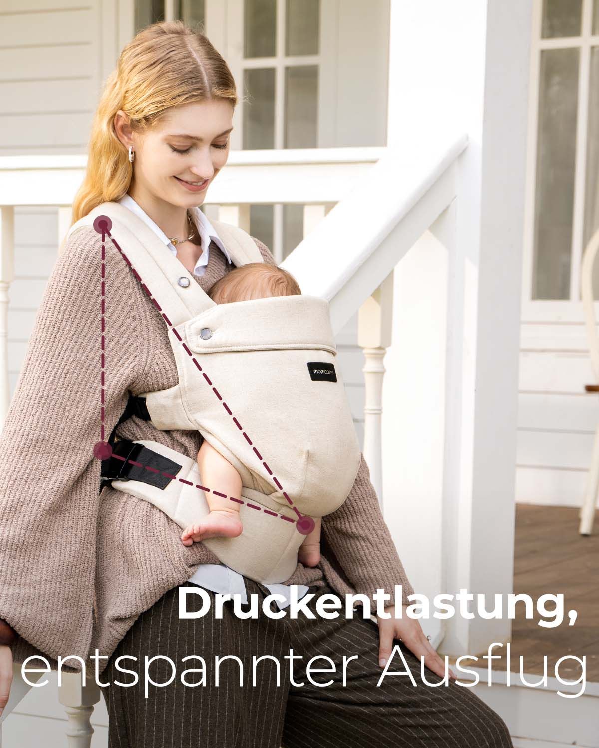Momcozy PureHug baby carrier in beige, easing outings and relieving pressure for mothers and babies.