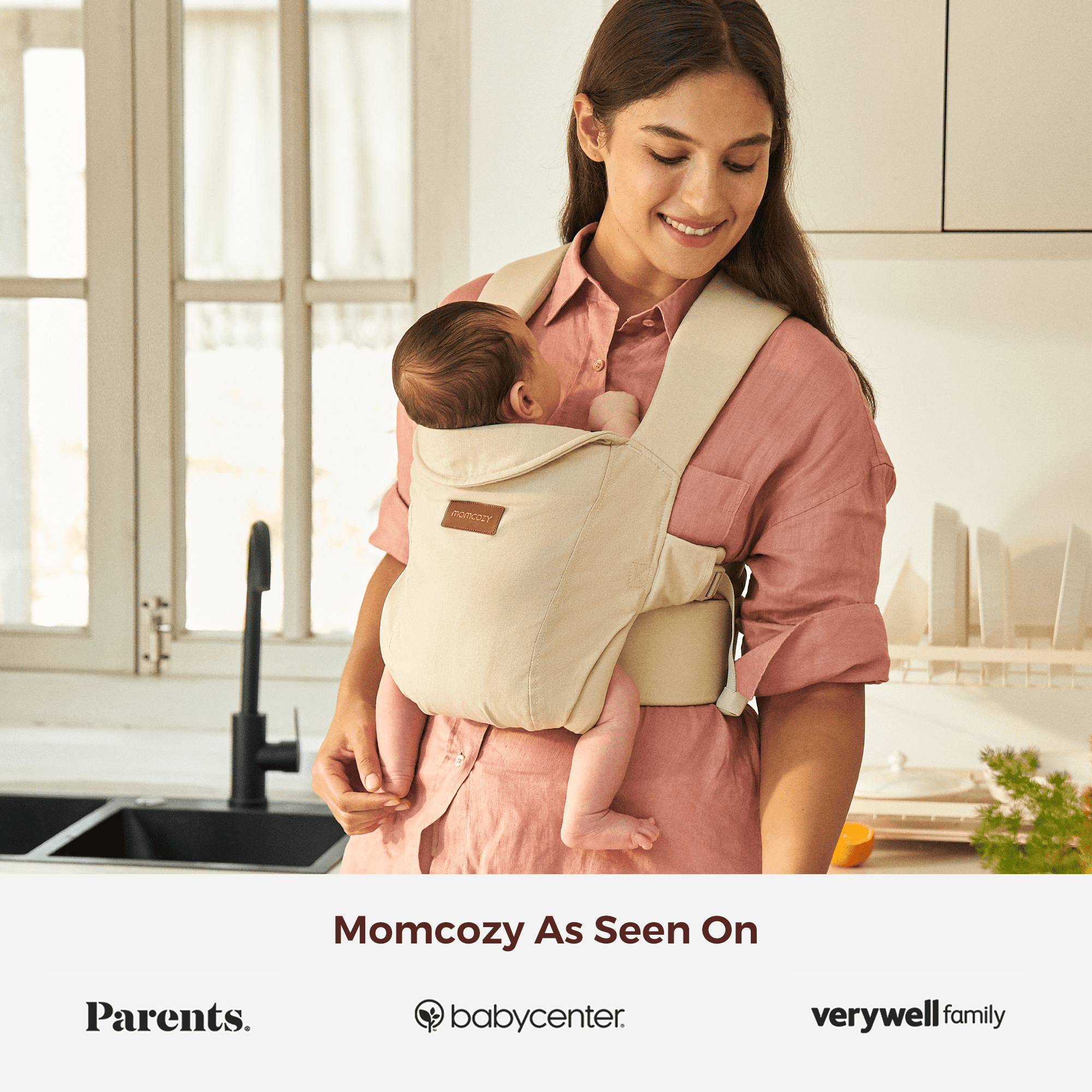 Momcozy WeeSnug carrier, mother and baby, beige, Parents, BabyCenter, Verywell Family