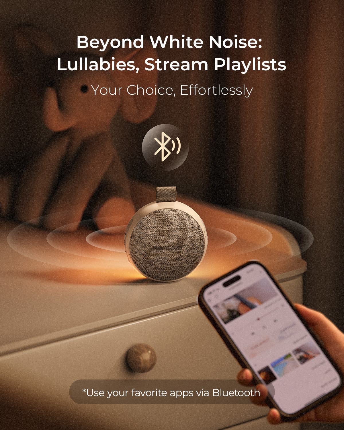Momcozy portable sound machine, play lullabies, and stream playlists effortlessly via Bluetooth for baby sleep and relaxation