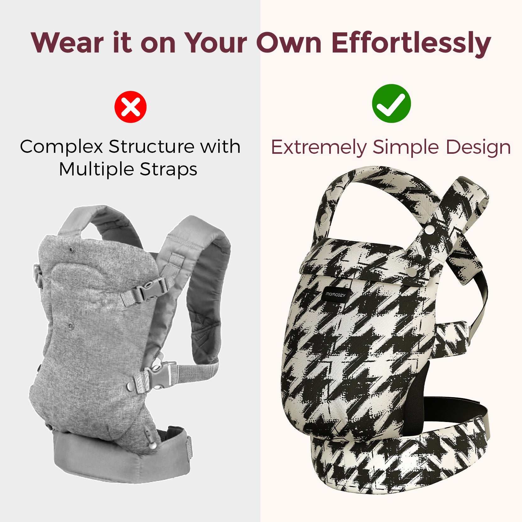 Momcozy PureHug baby carrier comparison: Simple houndstooth design versus complex structure. Babywearing made effortless.