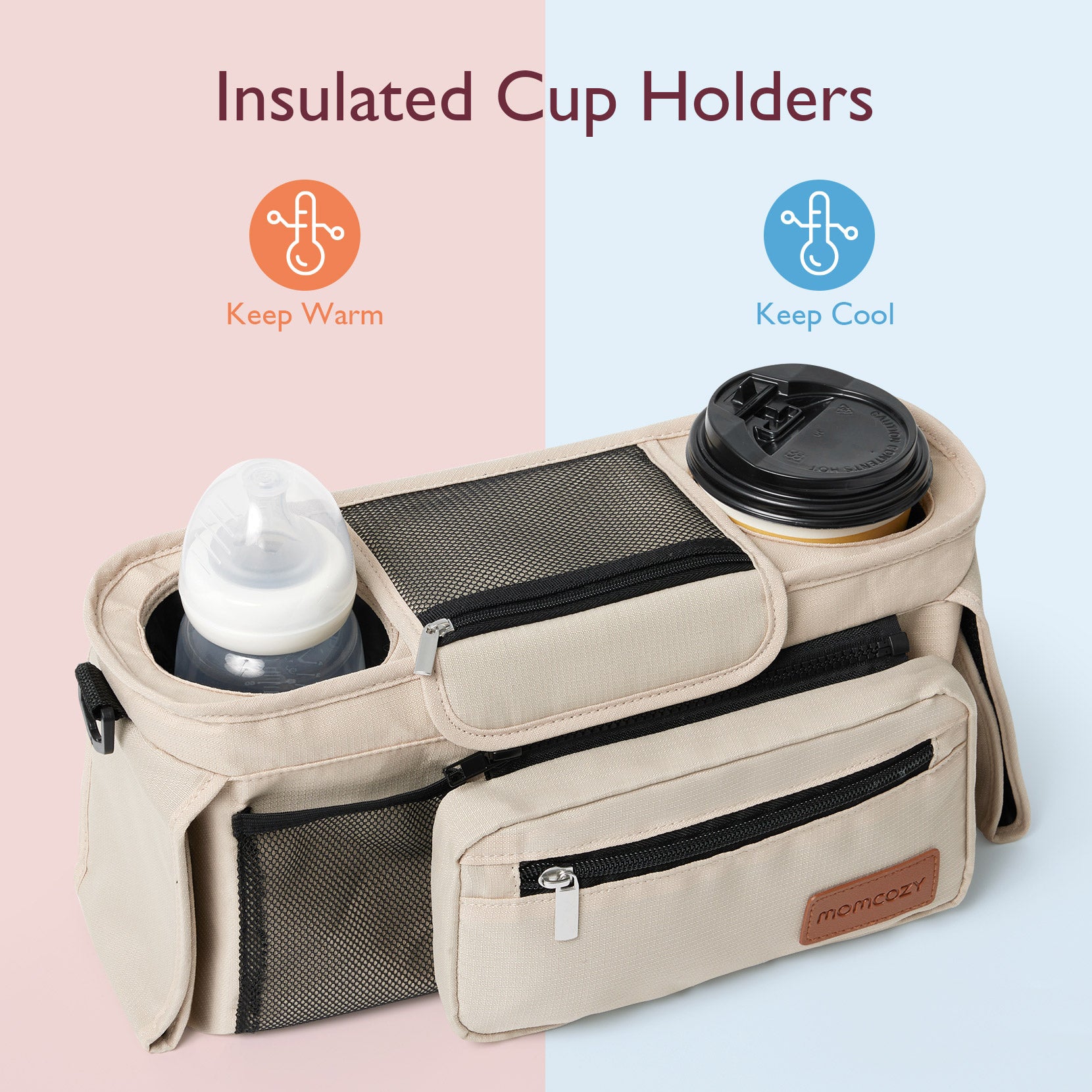 Momcozy stroller organizer, beige, features insulated cup holders for stroller essentials, great for baby and coffee.