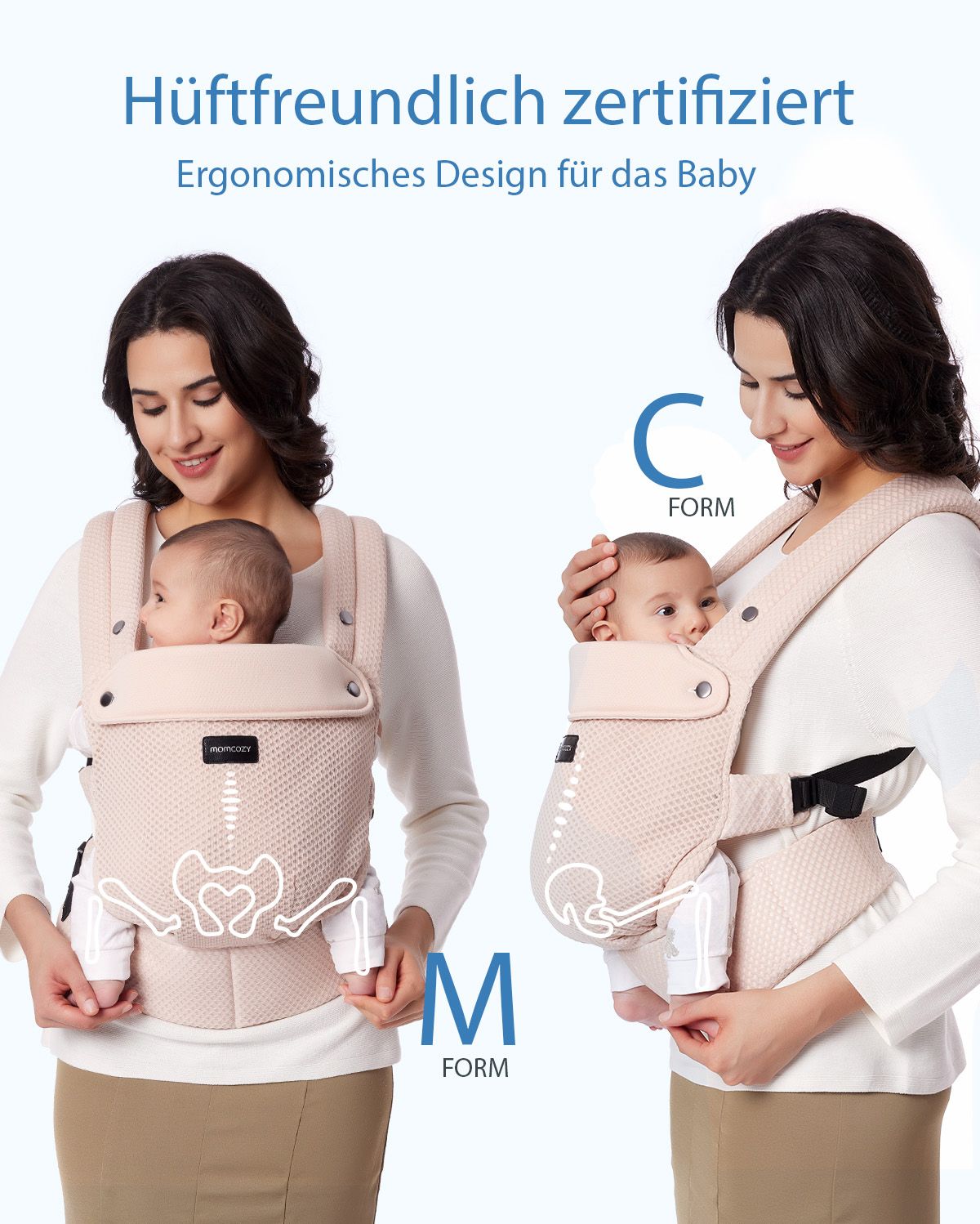Momcozy PureHug carrier, demonstrating M and C-shape for hip-healthy babywearing. Ergonomic design for babies.