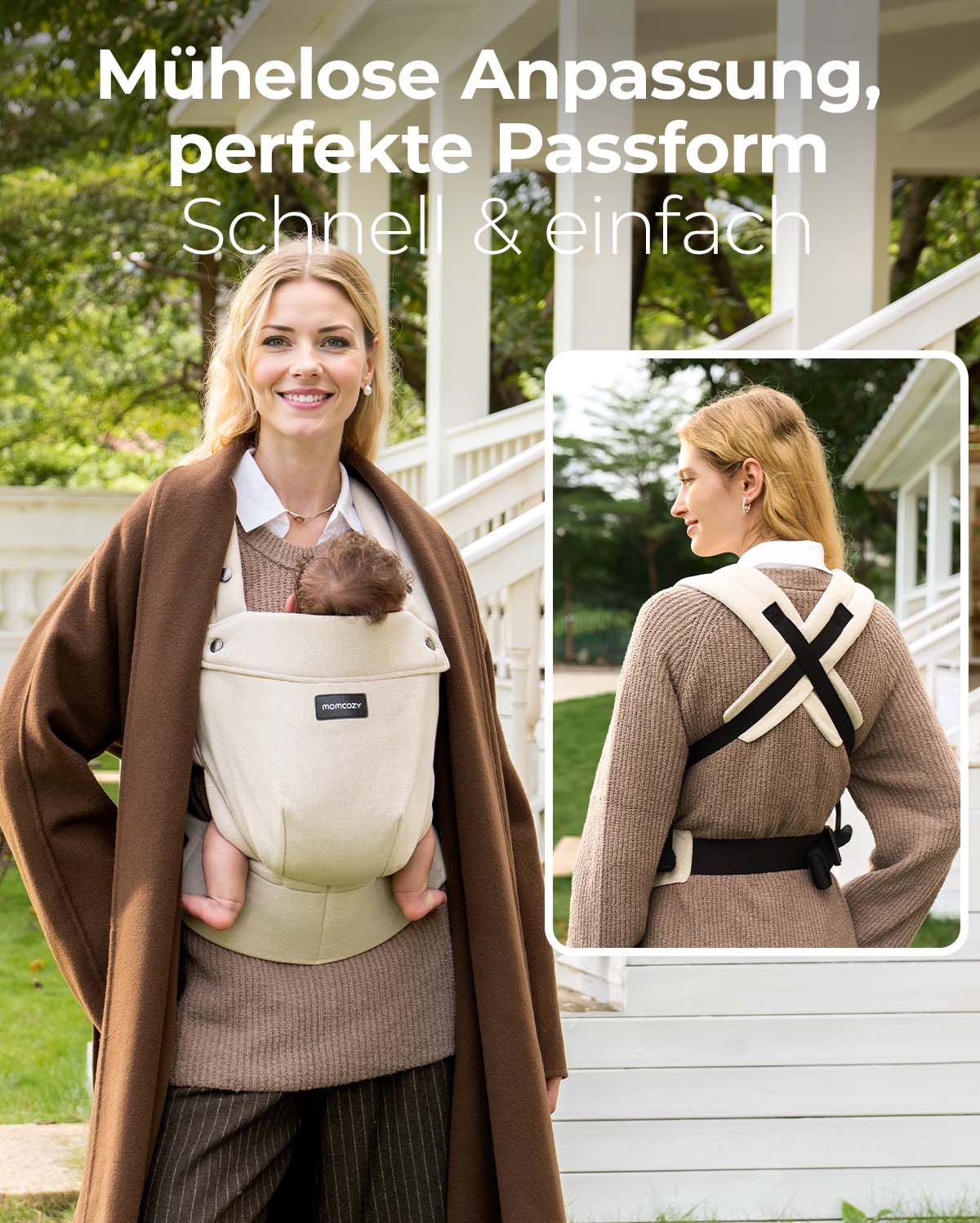 Momcozy PureHug beige baby carrier, mother babywearing. Featured in Parents, BabyCenter, Verywell Family. Stylish support.
