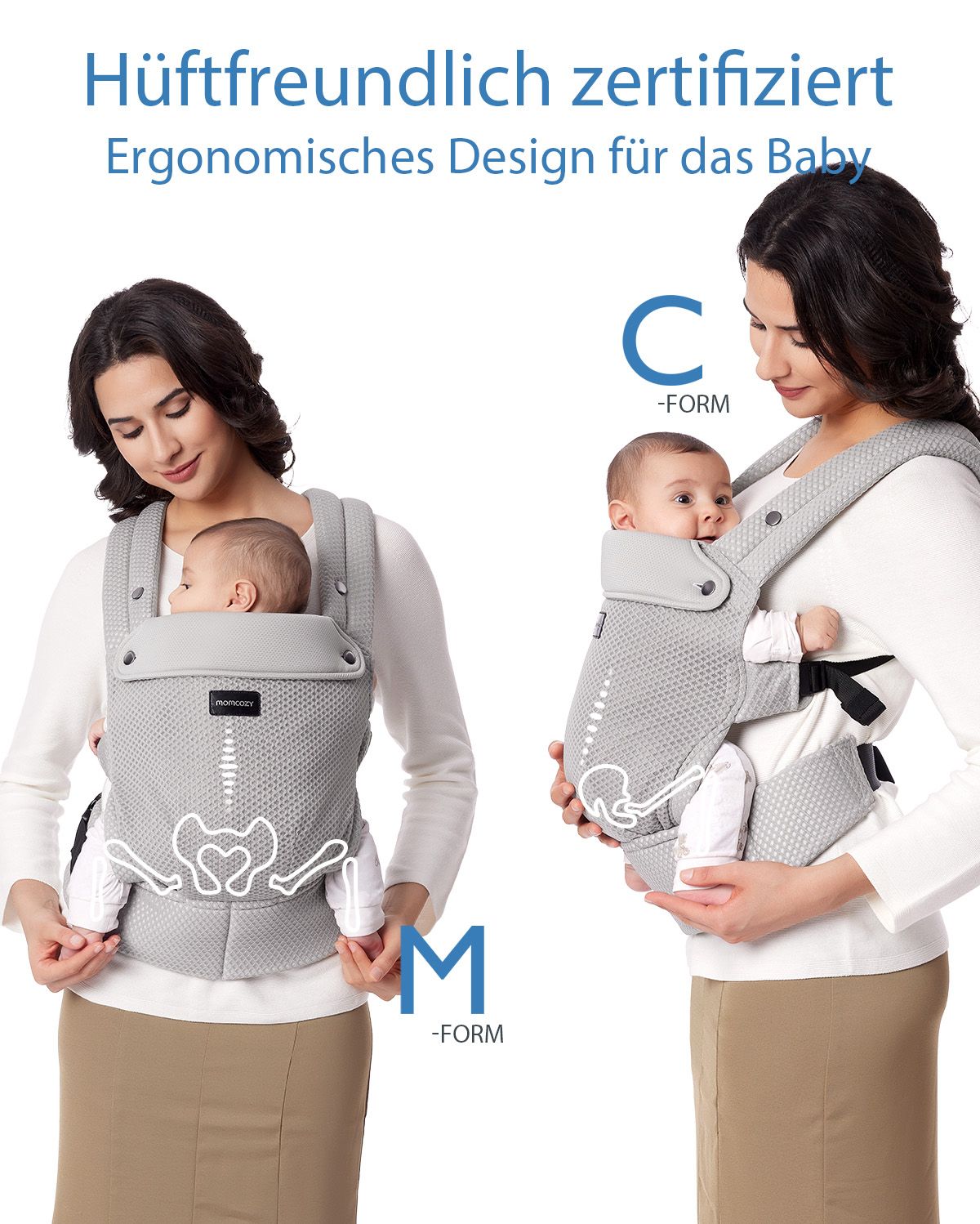 Momcozy PureHug baby carrier, gray, ergonomic design for hip-healthy babywearing, showcasing M and C shapes for baby comfort