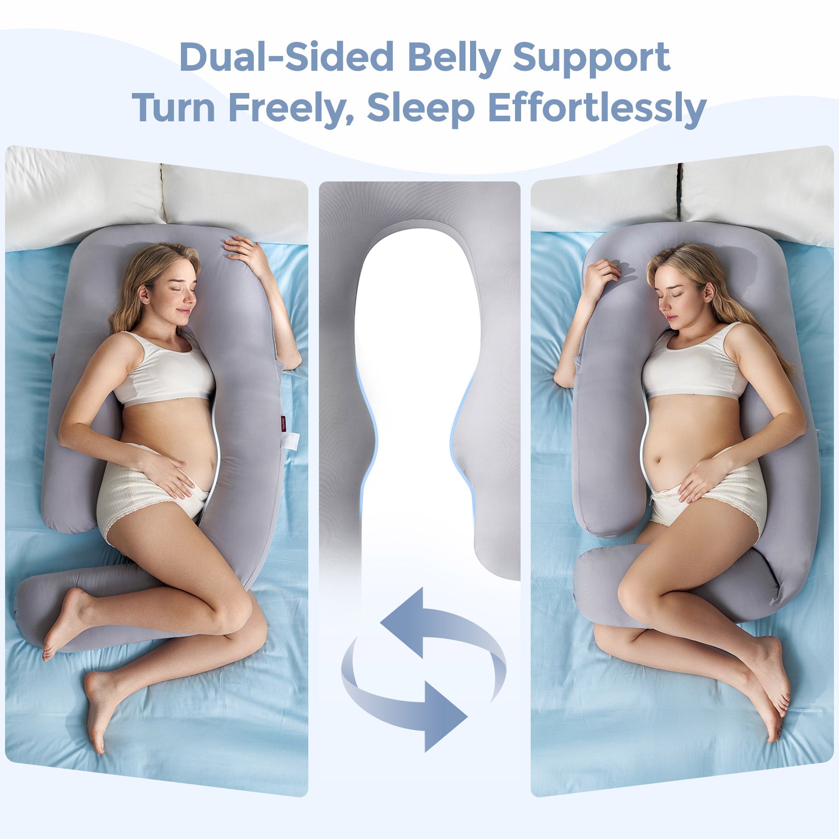 Momcozy Dreamlign pillow for pregnant women, dual-sided belly support for effortless sleep, gray color