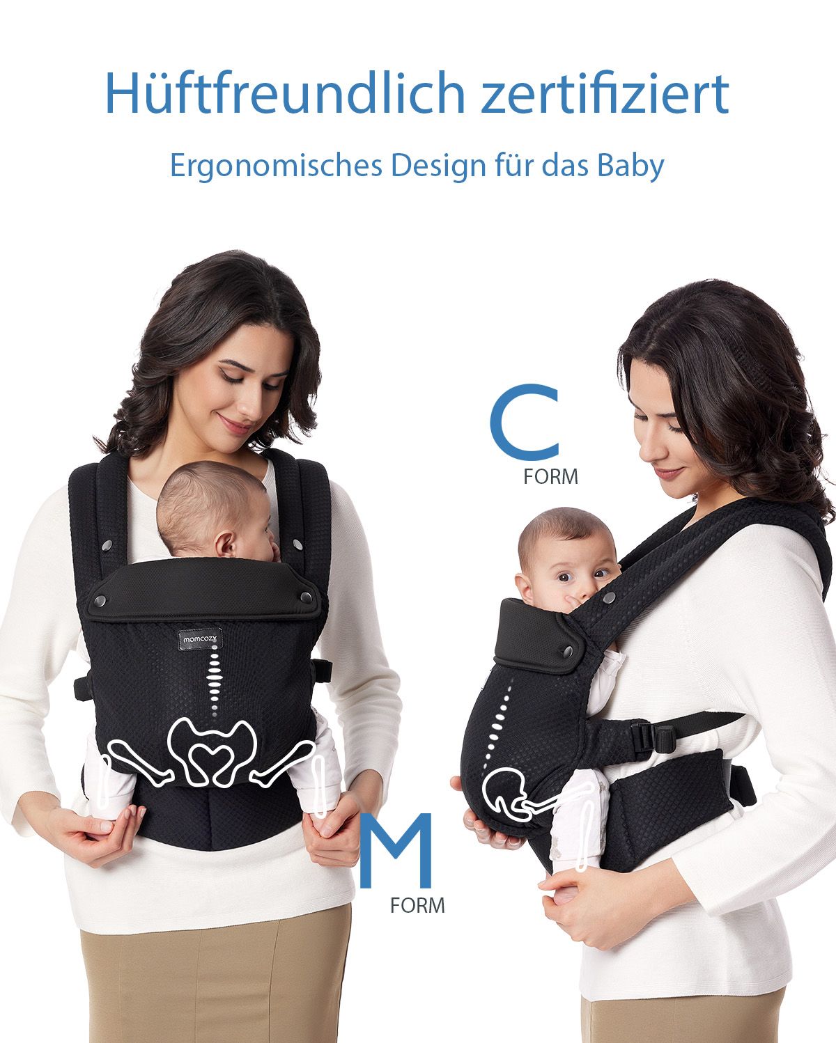 Momcozy PureHug baby carrier in black, demonstrating ergonomic M-shape and C-shape design for hip-healthy babywearing.