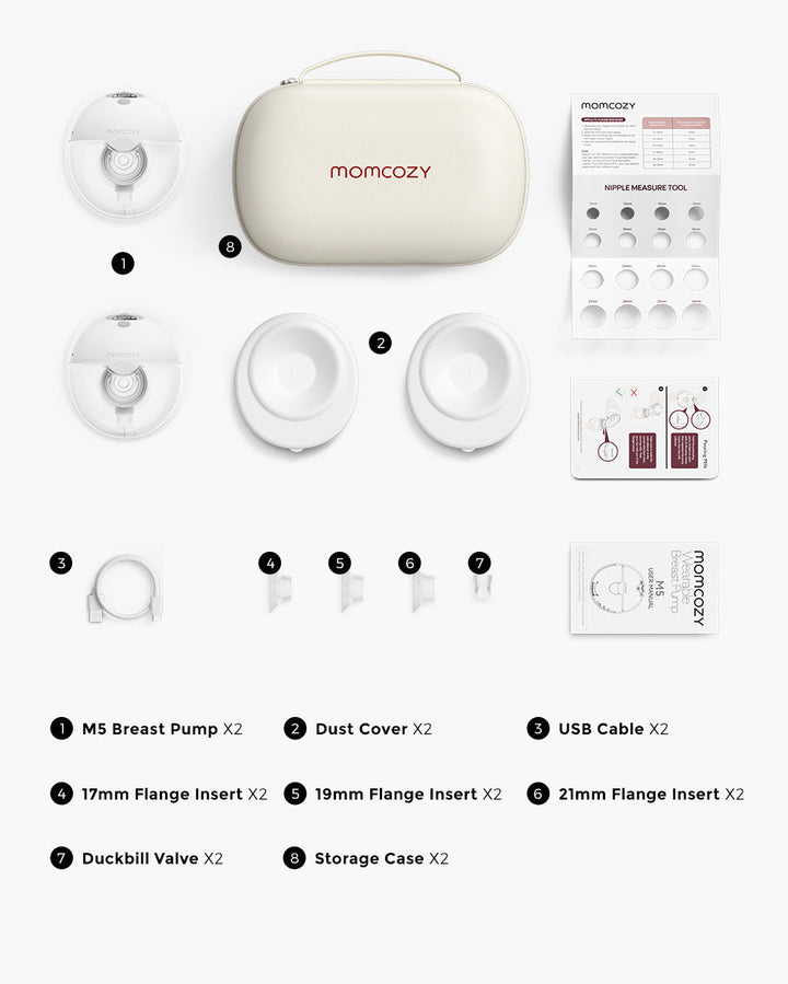 Components of the M5 Wearable Breast Pump by Momcozy, including breast pump, dust cover, USB cable, flange inserts (17mm, 19mm, 21mm), duckbill valve, and storage case