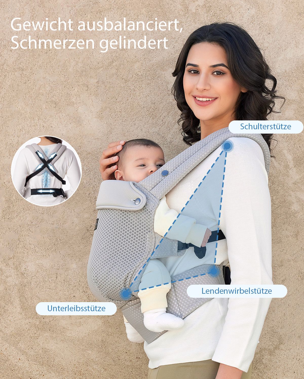 Momcozy PureHug baby carrier, gray, for comfortable babywearing, featuring shoulder, lumbar, and abdominal support for mothers