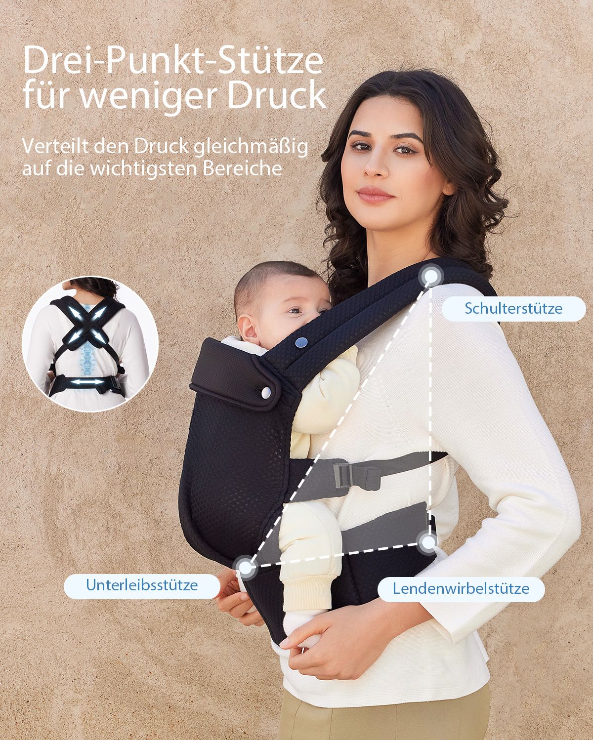 Black Momcozy PureHug carrier, babywearing with shoulder, back, and abdominal support, offering comfort.