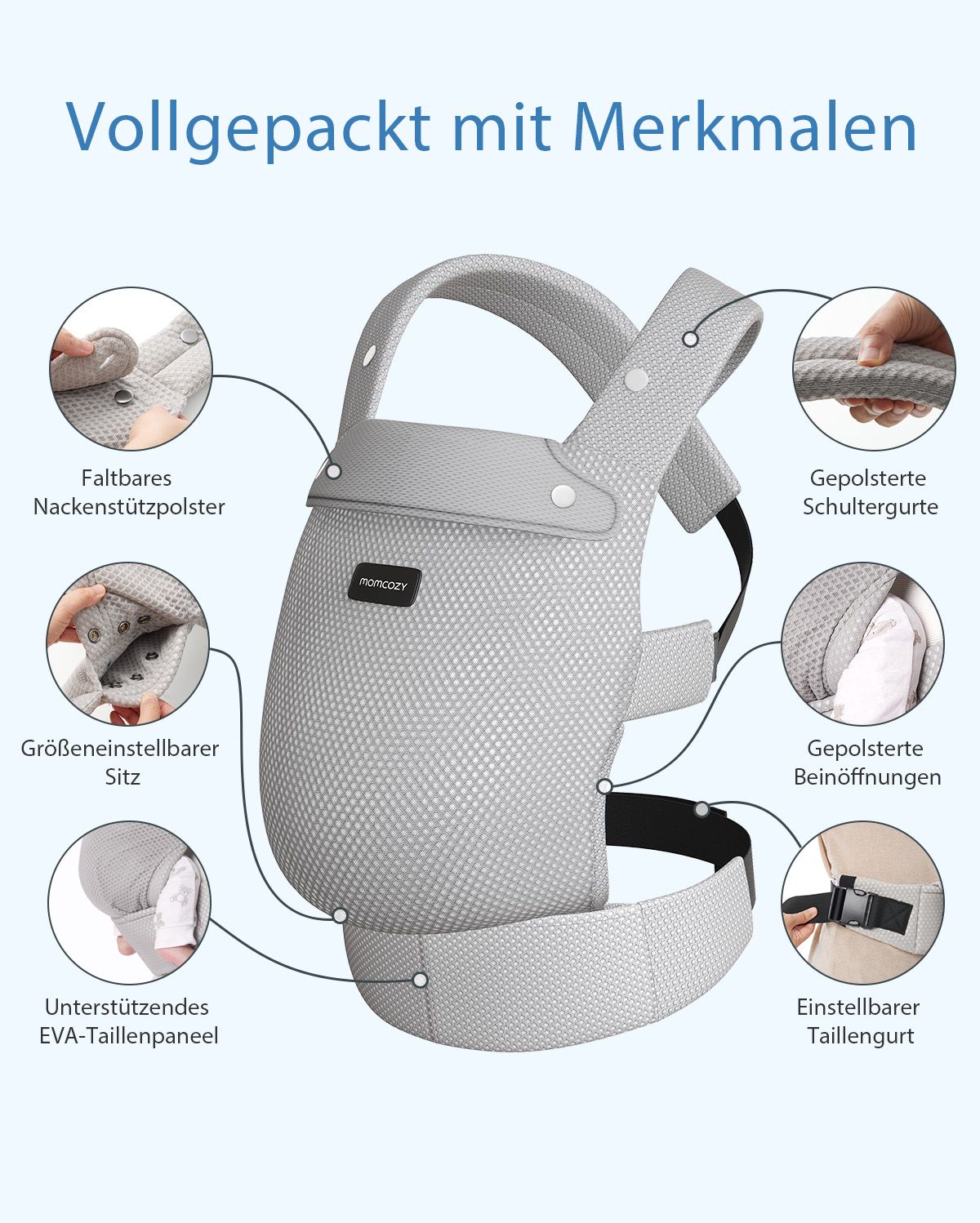 Grey Momcozy PureHug baby carrier: foldable neck, adjustable straps, and ergonomic design for babywearing.
