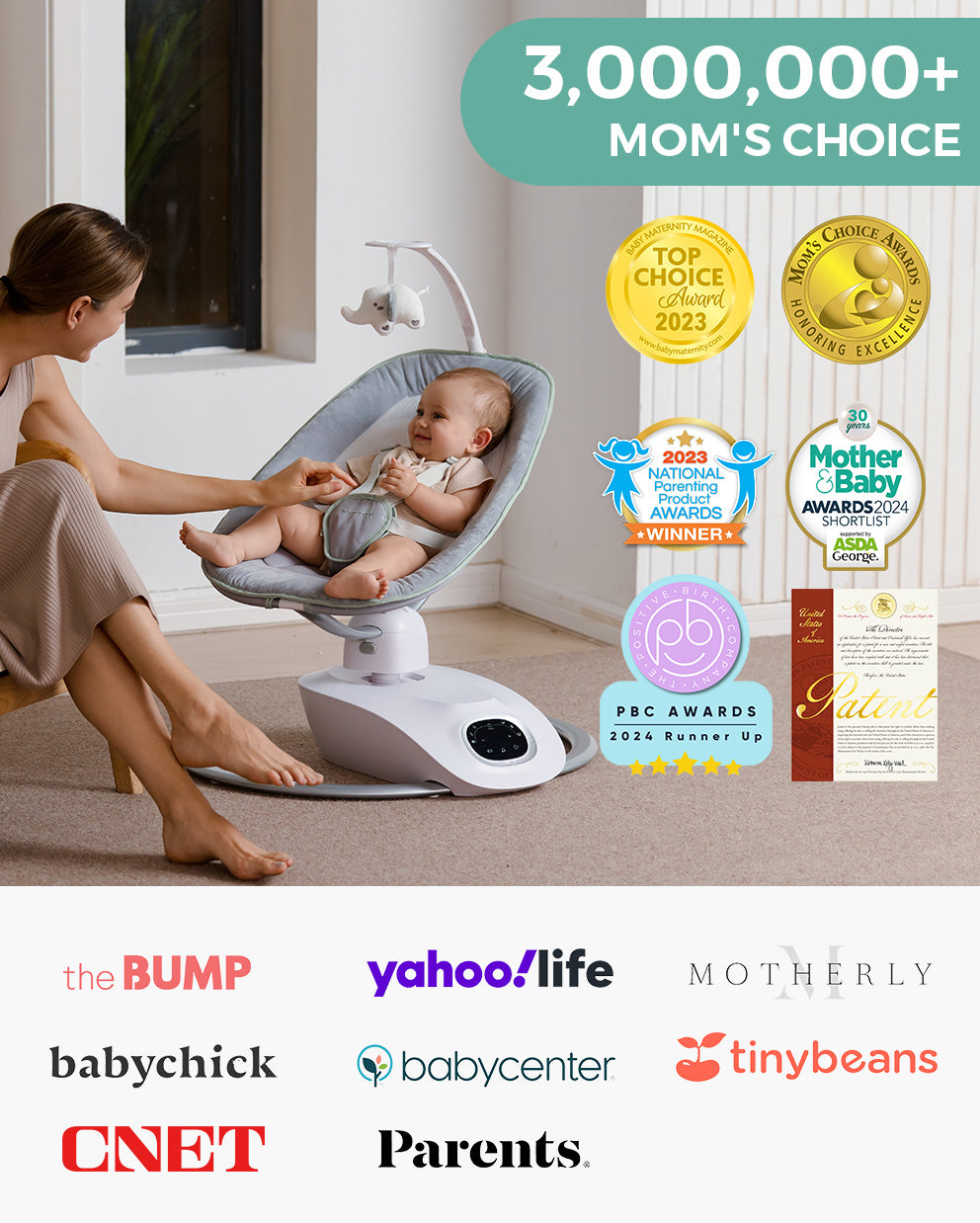 Momcozy CocoSway Electric Baby Swing with awards, user endorsements, and a baby comfortably seated.
