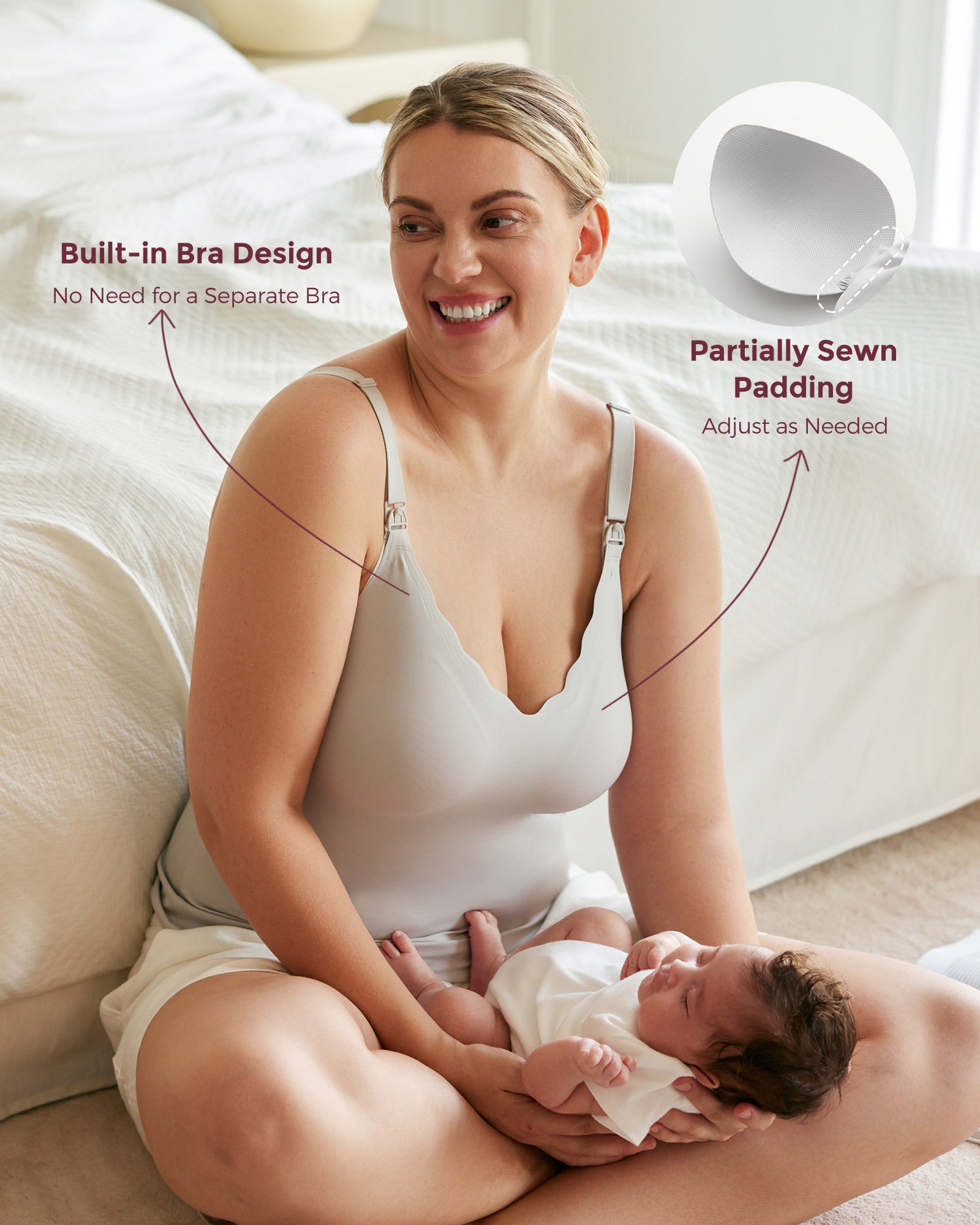 Mom in grey Maternity Nursing & Pumping Tank Top with built-in bra and partially sewn padding, breastfeeding.