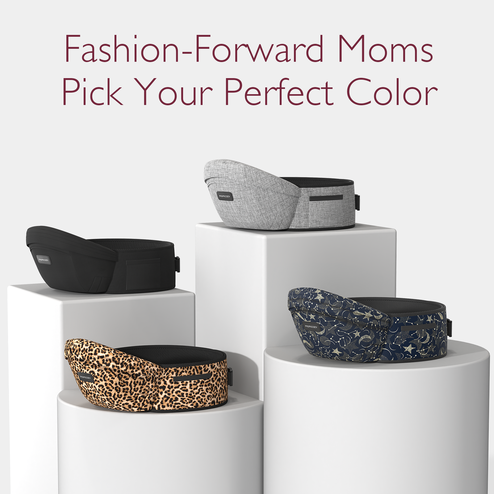 Momcozy Wander360 Hip Seat Carrier color options: Black, Gray, Leopard, Navy Constellation, "Pick Your Perfect Color"