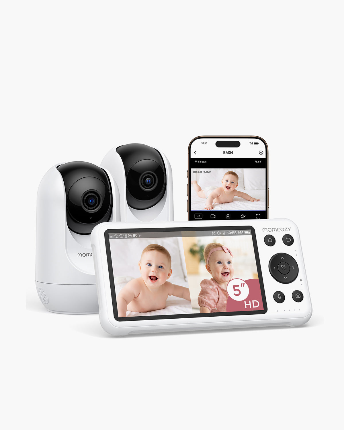 Momcozy BM04 Baby Monitor with 2 Cameras: 5" HD display, dual baby view, white cameras, and a smartphone view.