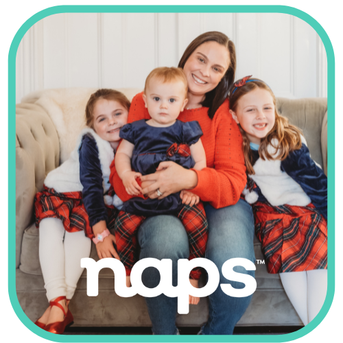 Woman sitting on a couch with three children, all wearing matching outfits, with 'naps' logo below.
