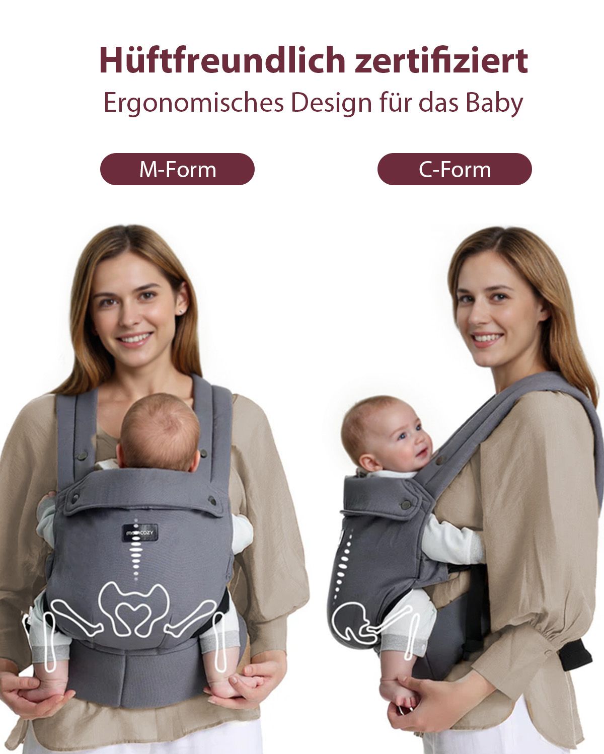 Momcozy PureHug ergonomic baby carrier in grey, demonstrating M-shape and C-shape, for hip-healthy babywearing.