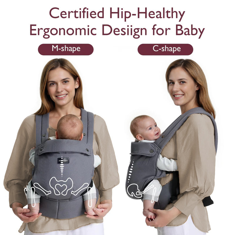 Momcozy PureHug ergonomic baby carrier in grey, demonstrating M-shape and C-shape, for hip-healthy babywearing.