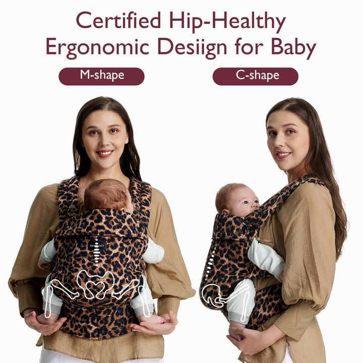 Mothers holding babies in leopard print ergonomic baby carriers demonstrating M-shape and C-shape hip-healthy designs