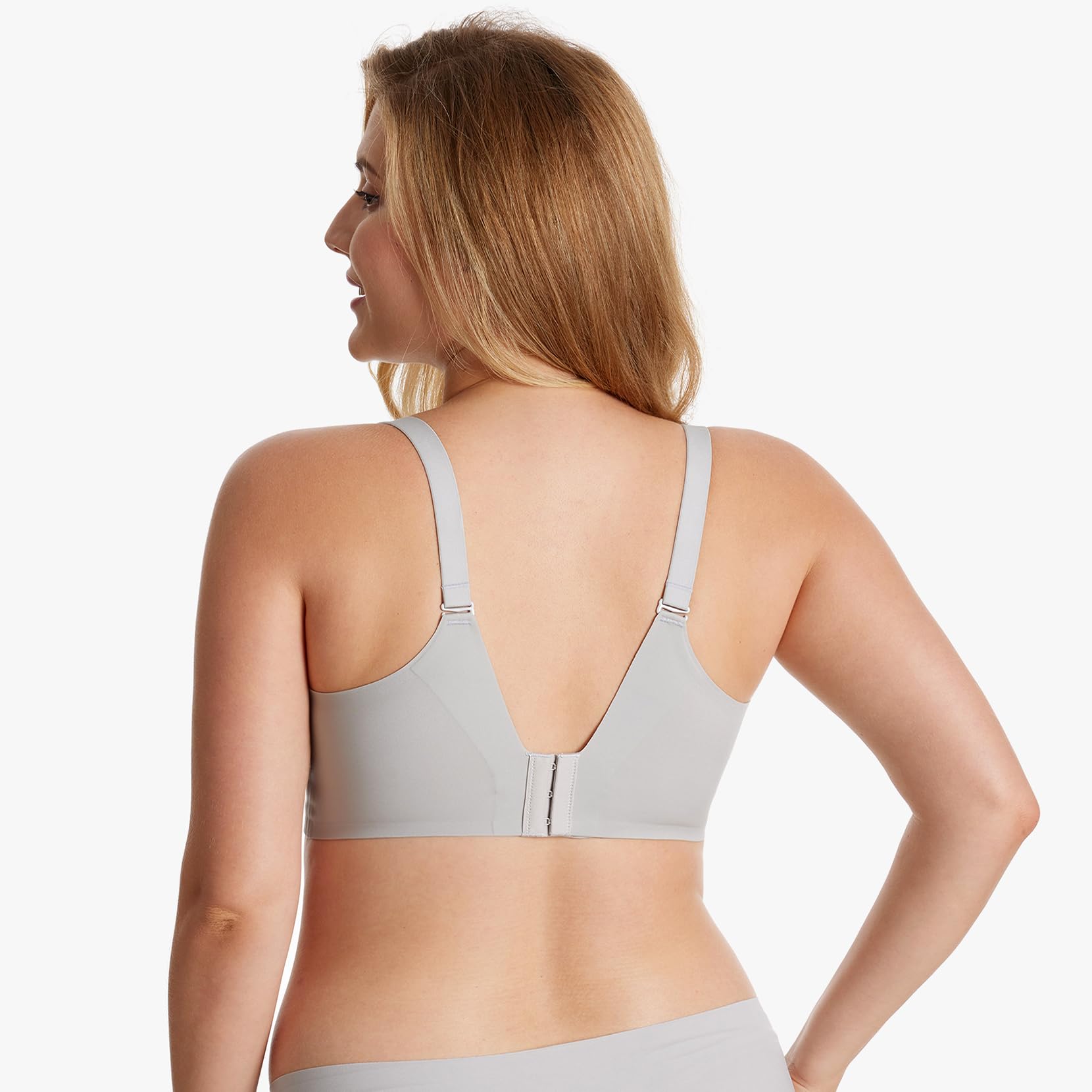 Light grey YN21 Seamless Nursing Bra back. Adjustable straps & multi-hook closure ensure secure, custom fit.