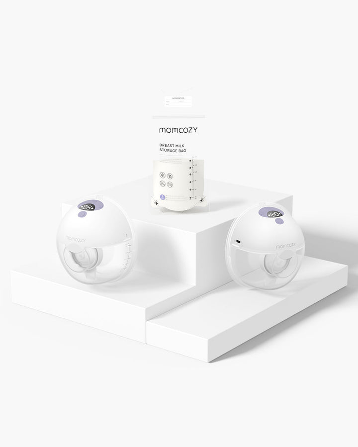 Momcozy All-in-one M5 Wearable Breast Pump with Breast Milk Storage Bag on white platform