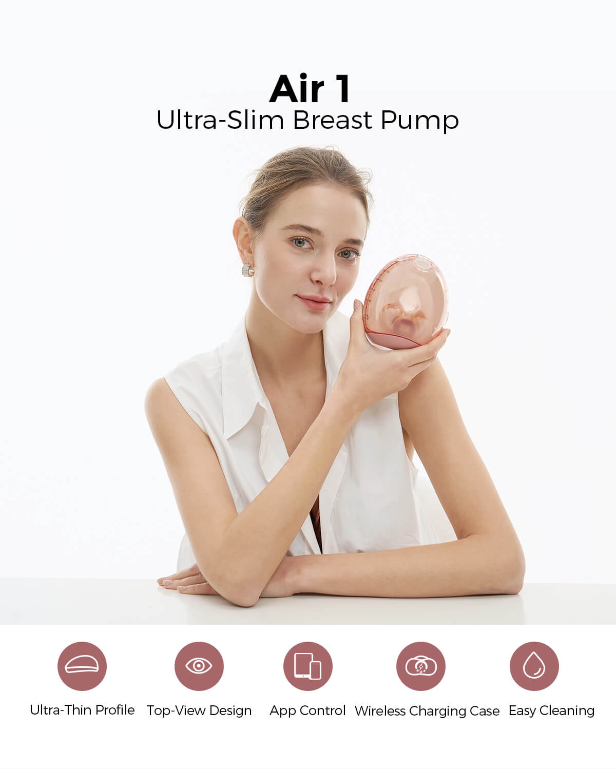Momcozy Air 1 ultra-slim breast pump in rose gold held by a woman, product showcase.