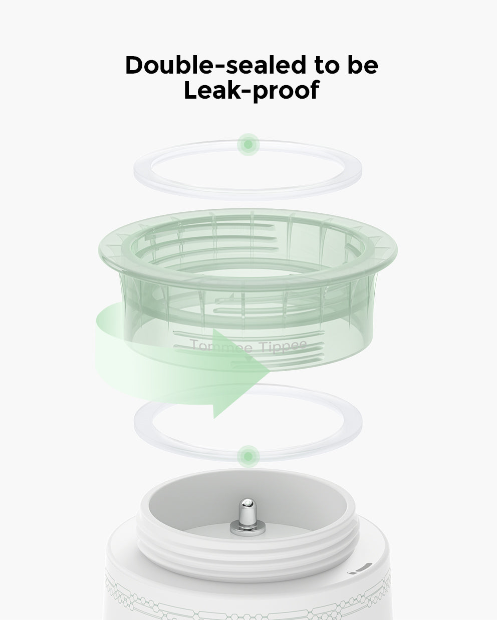 Diagram showing the double-sealed leak-proof design of the cordless portable baby bottle warmer.