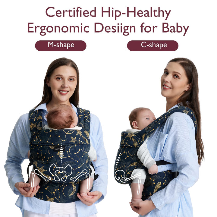 Momcozy baby carrier in Starry Night color showing ergonomic design for babies with Certified Hip-Healthy text, featuring two women carrying babies in the M-shape and C-shape positions.