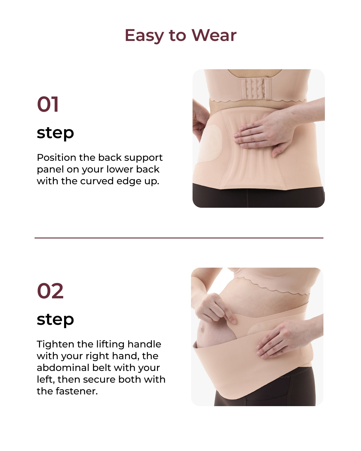 Momcozy Maternova belly band demonstration: Step 1 position back support, Step 2 secure abdominal belt.