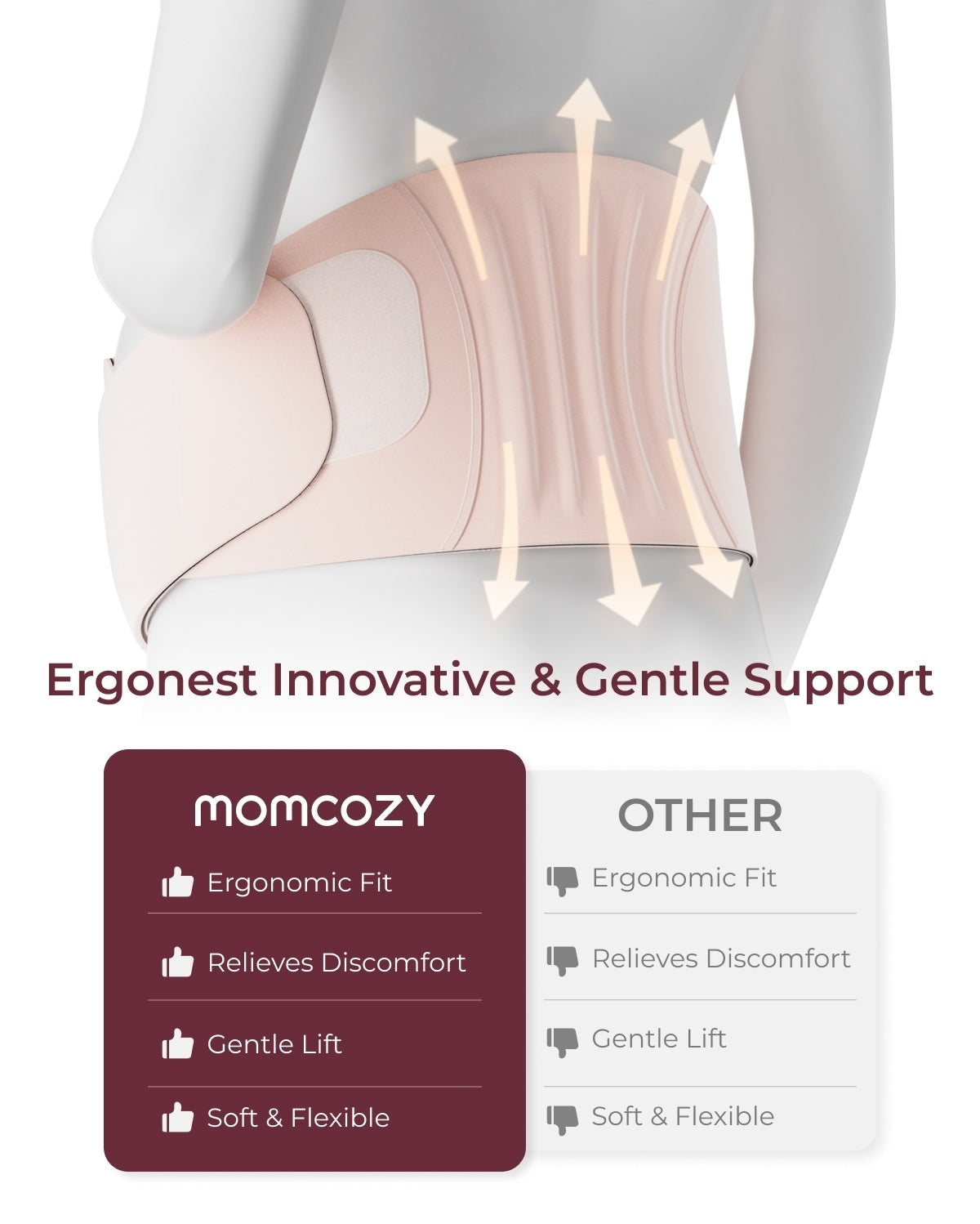 Momcozy Maternova belly band light beige. Airflow, ergonomic fit, and benefit comparison shown on mannequin.