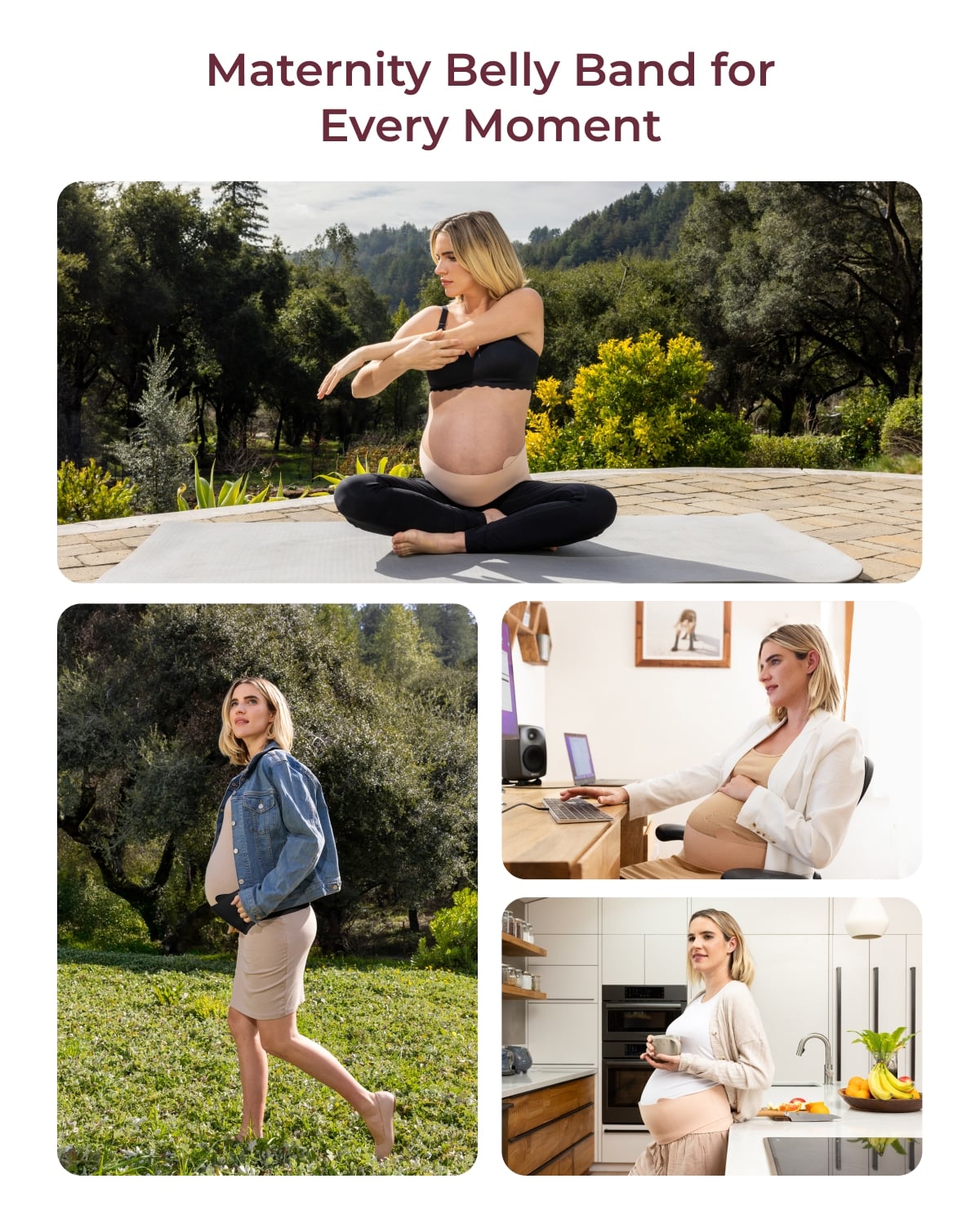 Collage showing Momcozy Maternova belly band versatility: pregnant model doing yoga, walking, working, and in kitchen.