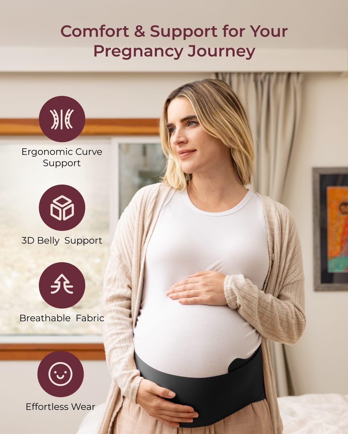 Momcozy Maternova belly band in dark grey on pregnant model. Features ergonomic support, breathable fabric, easy wear.