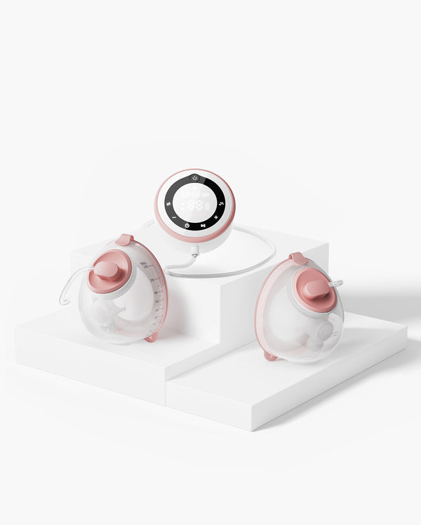 V1 Pro Hospital-Grade Wearable Breast Pump in pink with two collection cups.