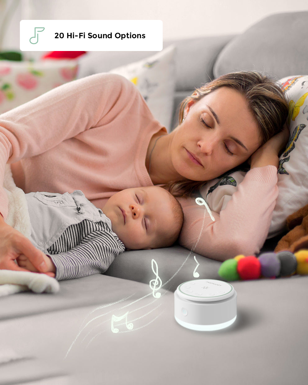 Momcozy baby sound machine with 20 Hi-Fi sound options, promotes sleep with mother and baby sleeping together.