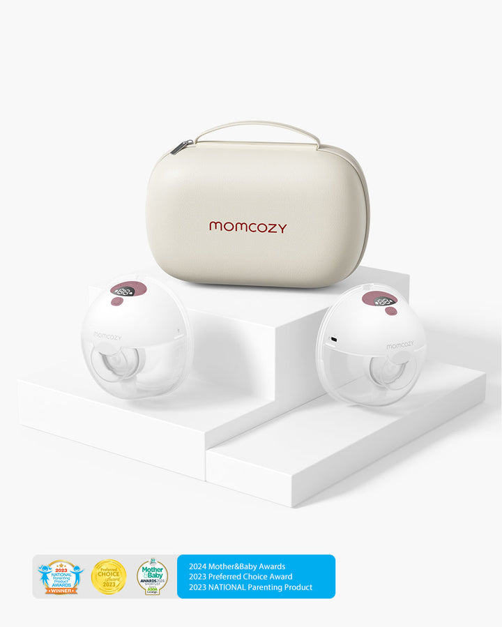 All-in-one M5 Wearable Breast Pump by Momcozy, includes two breast pumps and a carrying case; awarded 2024 Mother&baby Awards, 2024 Preferred Choice Awards, 2023 NATIONAL Parenting Product.