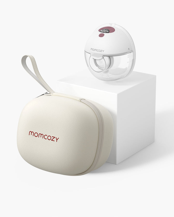 Momcozy All-in-one M5 Wearable Breast Pump with storage case, featuring compact design and digital display