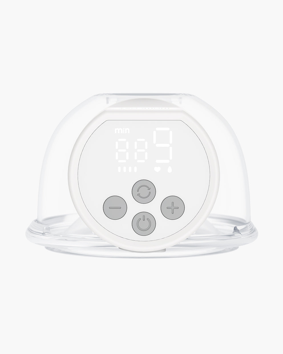 Close-up of Momcozy S12 Pro wearable breast pump base with digital display and controls.