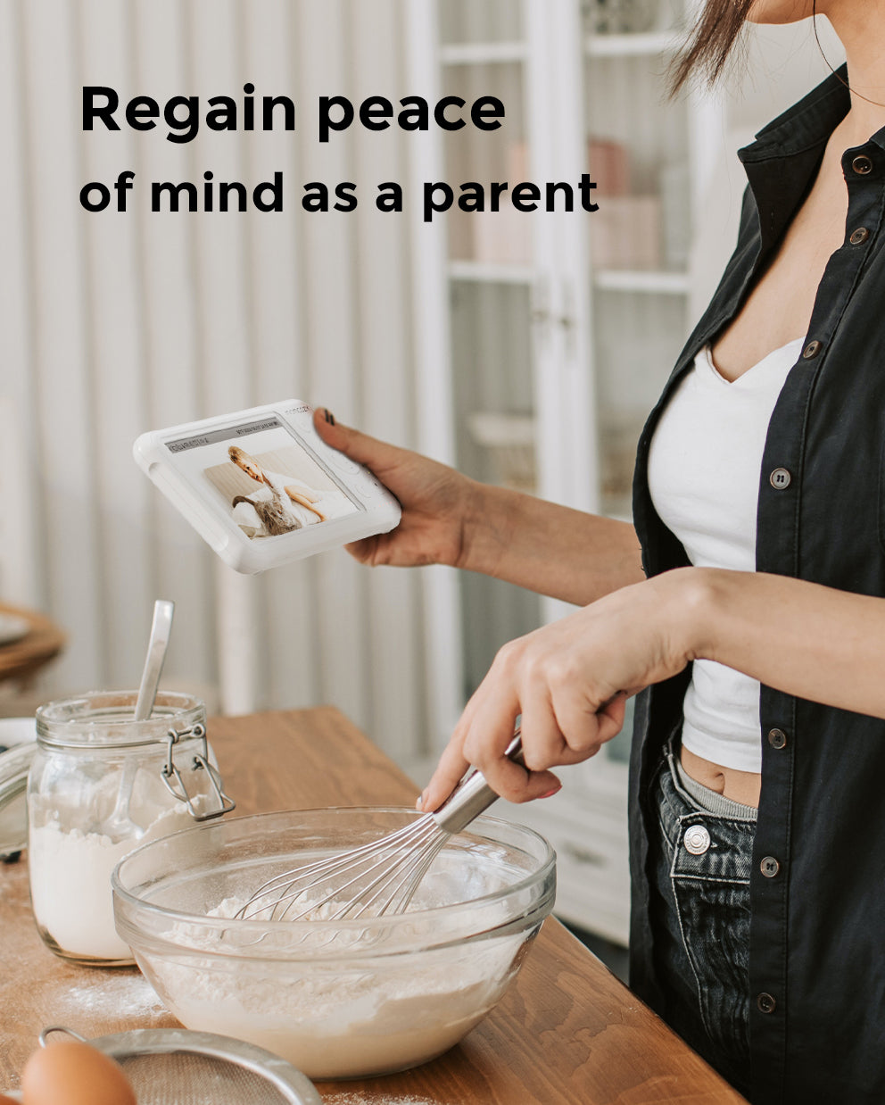 Momcozy 1080P Baby Monitor in use, regaining peace of mind, view baby while baking