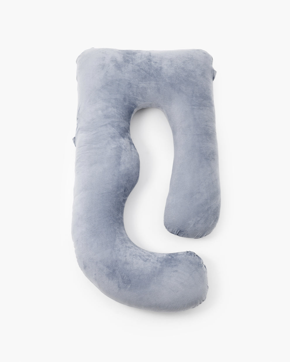 Light gray U-shaped maternity body pillow for pregnancy comfort and support, plush design.
