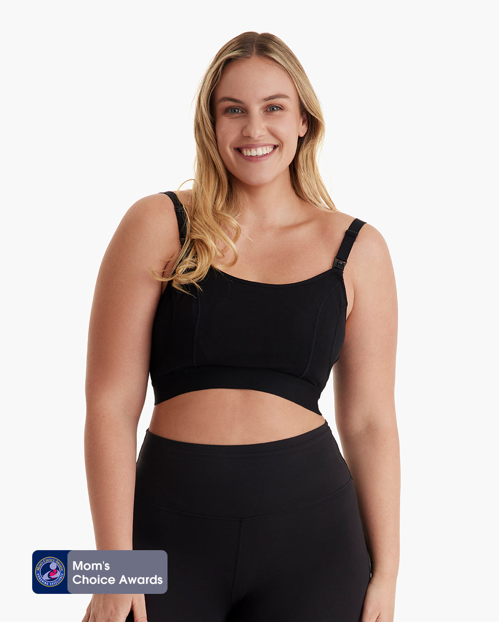 Blonde model in The Original black basic pumping bra with adjustable straps and wide underband for comfortable fit.